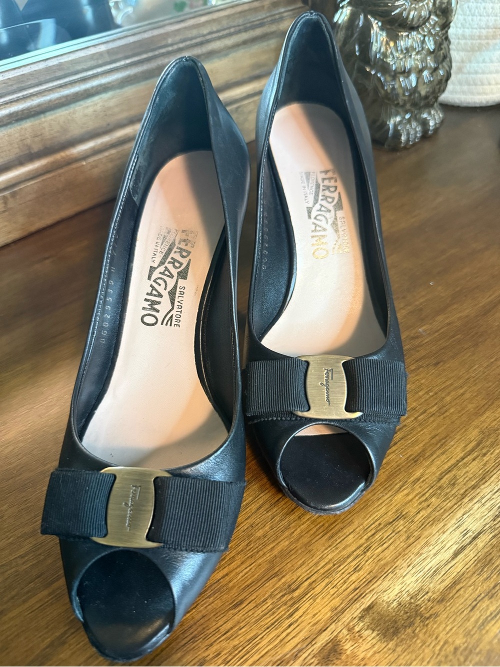 Salvatore Ferragamo Black Peep-Toe Pumps with Vara Bow and Gold Plaque